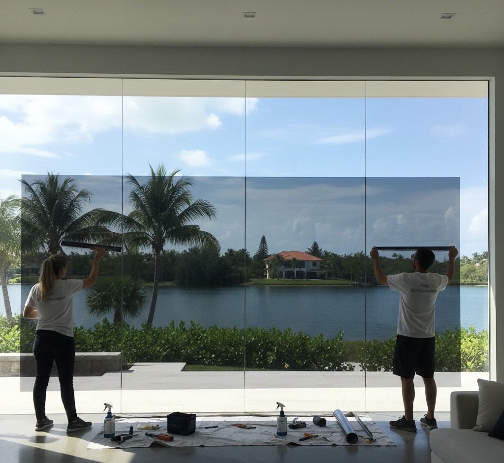 window tinting film being installed on large house window